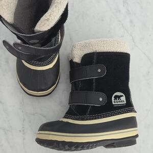 Sorel Black and Cream Kids Snow Boots